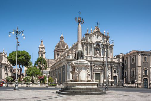 Piazza del Duomo with the Elephant Statue and the Cathedral of Santa Agatha in Catania in Sicily, Italy