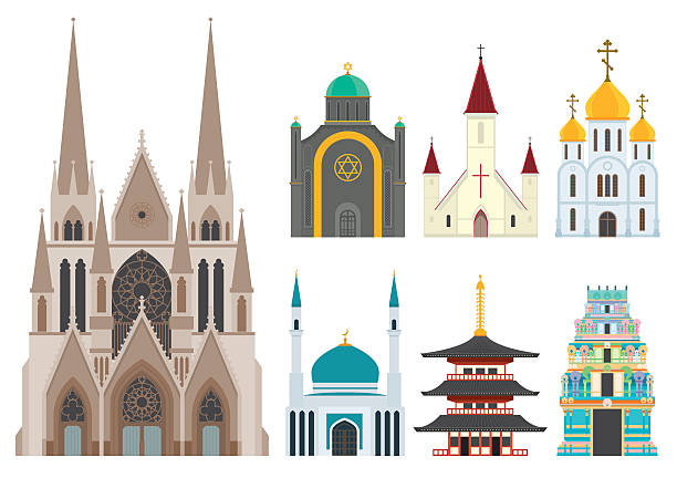 1 cathedral with 6 small worship centers of other faiths - havra illüstrasyonlar stock illustrations