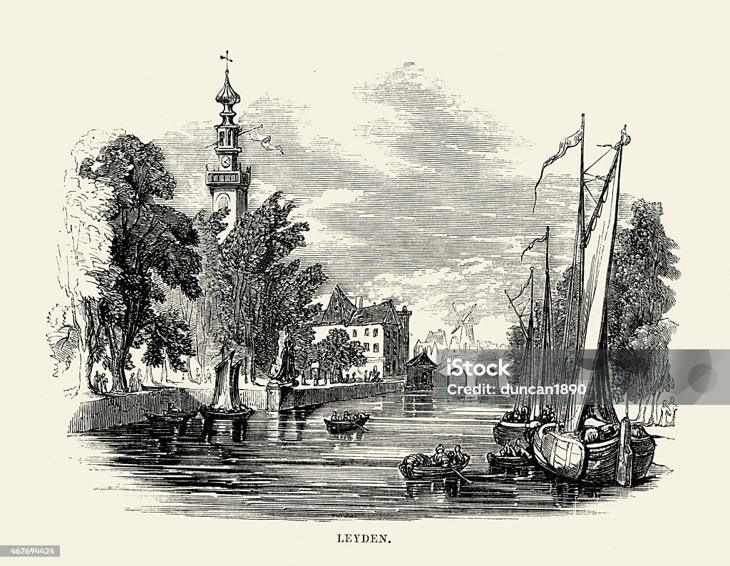 View of Leiden (Leyden) in the 19th Century Vintage engraving of Leiden (Leyden), a city and municipality in the Dutch province of South Holland. 19th Century Leiden stock illustration