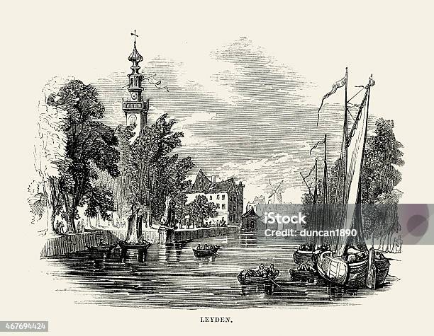 View Of Leiden In The 19th Century Stock Illustration - Download Image Now - Leiden, 1850-1859, 19th Century