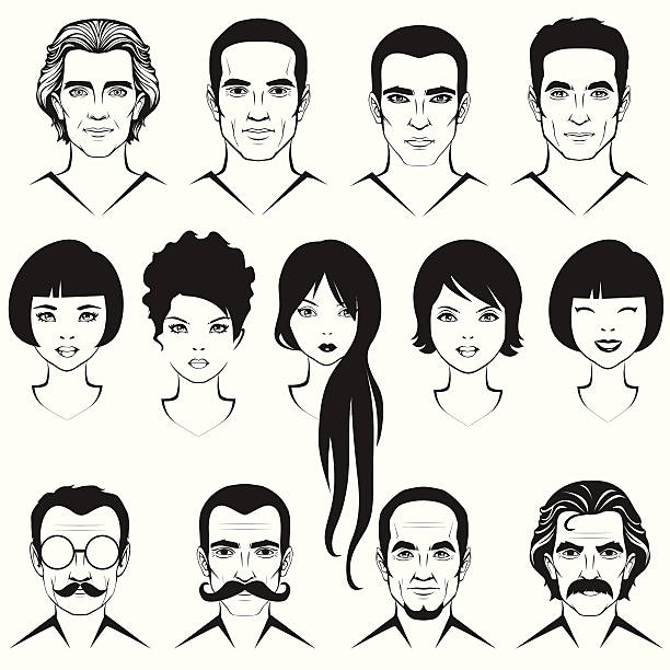 handsom man eye mustache lips and hair, face parts, women and men head character uncool stock illustrations