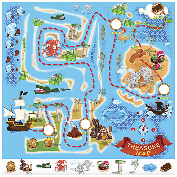 stockillustraties, clipart, cartoons en iconen met pirate treasure map labyrinth - squid games