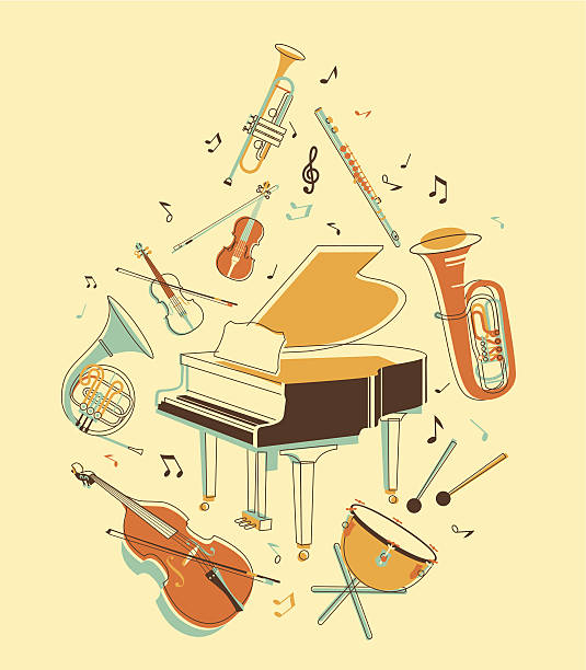 ilustraciones, imágenes clip art, dibujos animados e iconos de stock de juego de instrumentos musicales - equipo musical