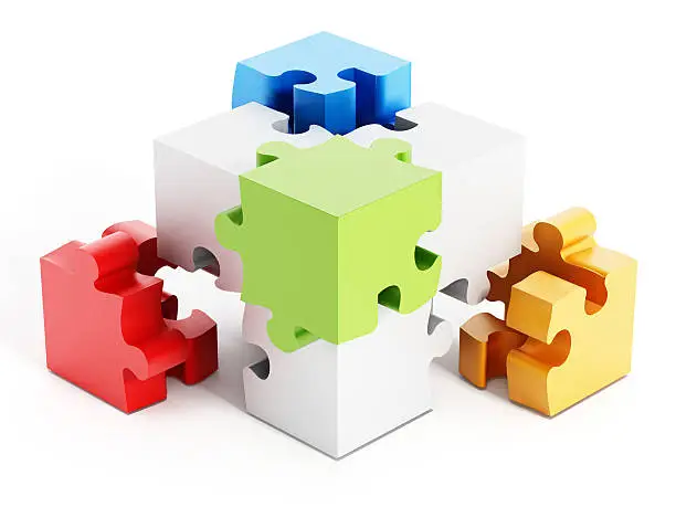 Cube shape formed from blue, red, green and yellow puzzle parts.