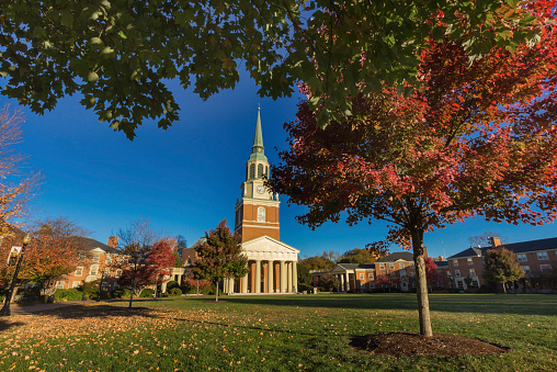 Winston-Salem, NC, USA - November 7, 2014: Wait Chapel, built in 1956, at Wake Forest University in Winston-Salem, North Carolina.  Part of Hearn Plaza.  Presidents Jimmy Carter, George H, Bush and George W, Bush have spoken there as well as Michael Dukakis, Al Gore, and Robert F. Kennedy Jr.