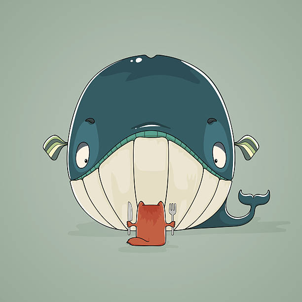 illustrazioni stock, clip art, cartoni animati e icone di tendenza di piccolo gatto sedersi a mangiare un enorme di balena - meal whale mammal animal