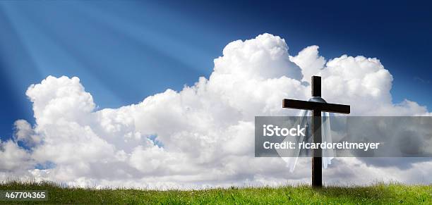 Dramatic Panorama Easter Sunday Morning Sunrise With Cross On Hill Stock Photo - Download Image Now