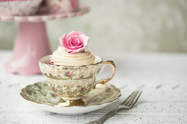 Rose cupcake in a vintage teacup