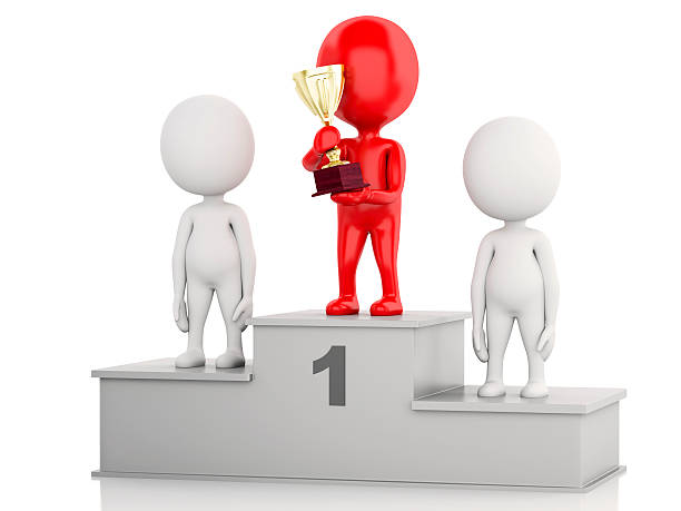 istock 3d Winner celebrating on podium with trophy. 467705026