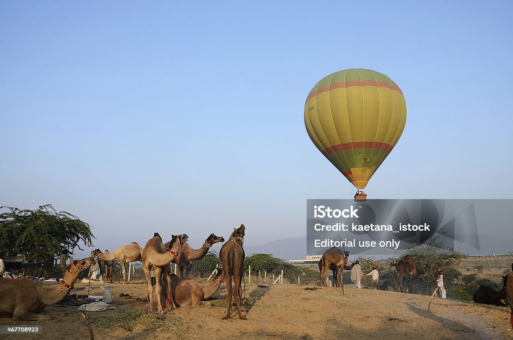 Montgolfière au-dessus du camp d'inspiration nomade, chameau Pushkar mela - Photo de Inde libre de droits