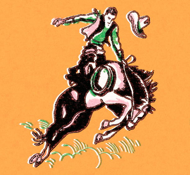 illustrazioni stock, clip art, cartoni animati e icone di tendenza di monta di cavallo selvaggio - cowboy rodeo wild west bucking bronco