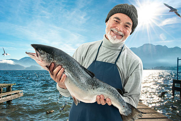 fisher hält eine große atlantic salmon fisch - fishermen harbor stock-fotos und bilder