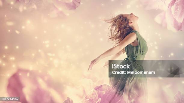 Beautiful Woman In A Pink Peony Flower Stock Photo - Download Image Now - Fantasy, Women, One Woman Only