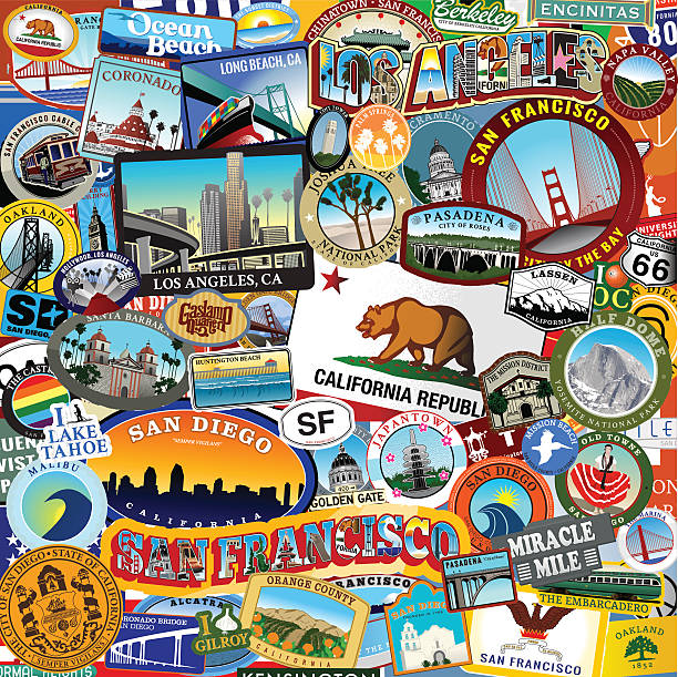 illustrazioni stock, clip art, cartoni animati e icone di tendenza di california super adesivo collage - label travel san diego california california