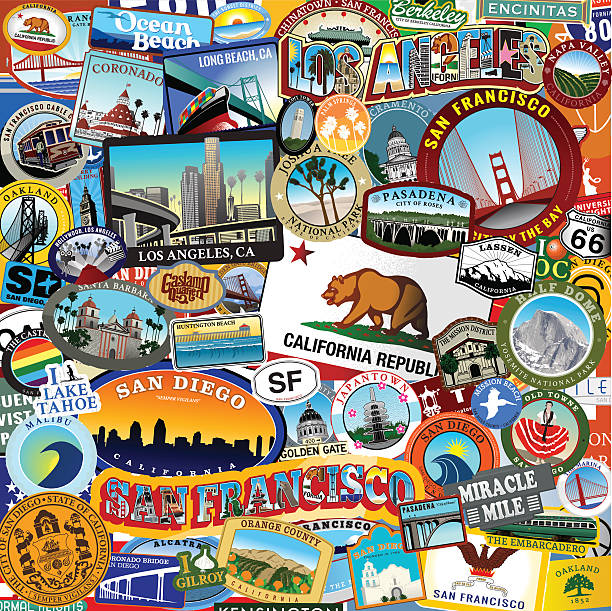 ilustrações de stock, clip art, desenhos animados e ícones de califórnia super autocolante colagem - label travel san diego california california