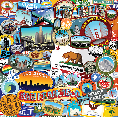 California Super Sticker Collage with many different landmarks