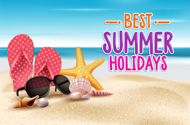 Summer holidays on the seashore advertisement Summer Holidays in Beach Seashore. Vector Illustration flip flop stock illustrations