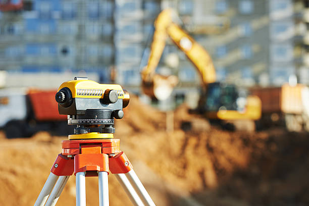 surveyor equipment theodolie outdoors stock photo