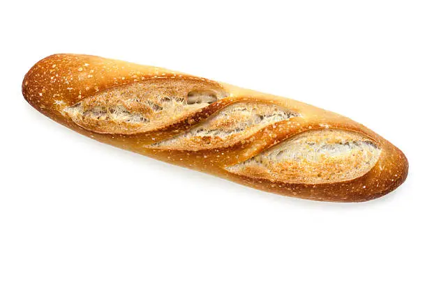 Baguette bread stick, isolated on white with soft shadow.