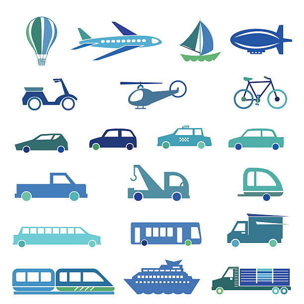 простой силуэт видов транспорта значок набор - silhouette bus symbol motor scooter stock illustrations