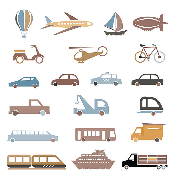 простой силуэт видов транспорта значок набор - silhouette bus symbol motor scooter stock illustrations