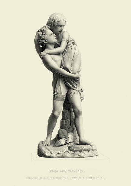 Vintage engraving of the Victorian statue Paul and Virginia by William Calder Marshall. Paul et Virginie (or Paul and Virginia) is a novel by Jacques-Henri Bernardin de Saint-Pierre, first published in 1788. The novel's title characters are very good friends since birth who fall in love. The story is set in the island of Mauritius under French rule.  It records the fate of a child of nature corrupted by the false, artificial sentimentality that prevailed at the time among the upper classes of France. 19th Century