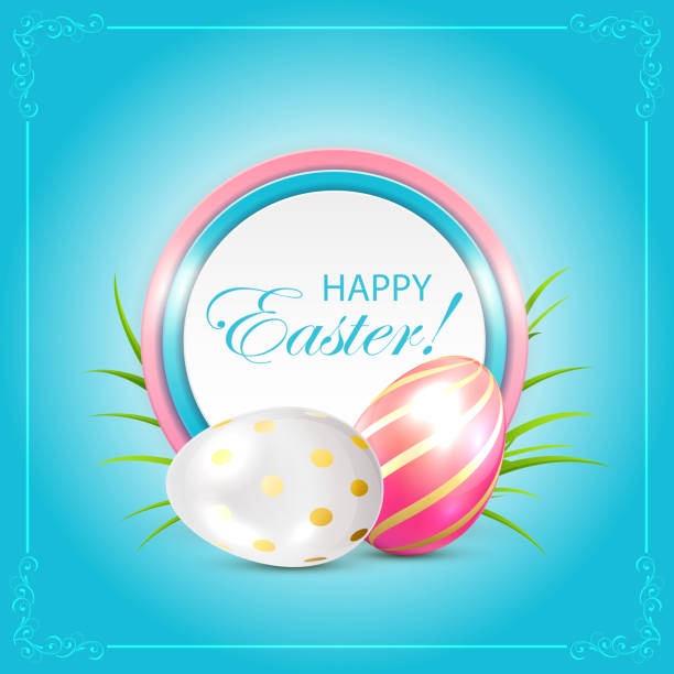 illustrazioni stock, clip art, cartoni animati e icone di tendenza di carta di pasqua con uova, erba - easter greeting card eggs illuminated