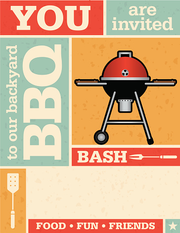 Vintage style vector invitation with grid pattern and grunge texture. Includes barbecue grill illustration.