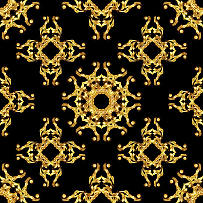 Seamless floral pattern in golden shades on black background. Asian style ornament
