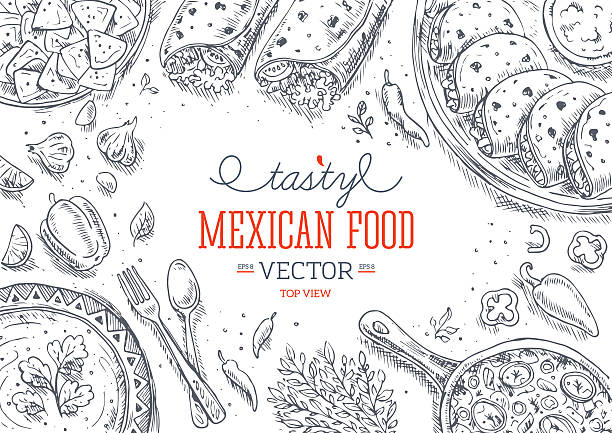 ilustrações de stock, clip art, desenhos animados e ícones de comida mexicana frame. gráfico linear. ilustração vetorial - pepper chili pepper frame food