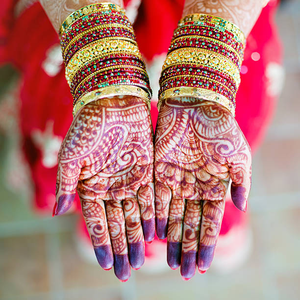 istock Female, Indian open-palm hands display henna wedding design 467733286