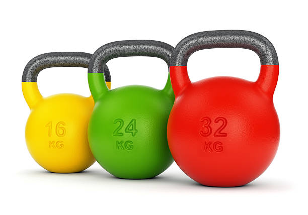 Three colorful kettlebells Three colorful gym kettle bells with different weight numbers isolated on white background. Fitness, sport training and lifting concept. kettlebell stock pictures, royalty-free photos & images