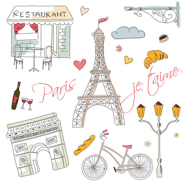 Paris symbols, postcard, hand drawn Paris symbols, postcard, hand drawn, vector illustration eiffel tower restaurant stock illustrations