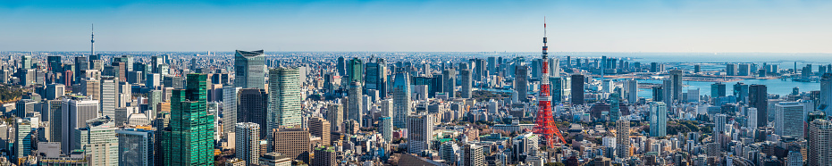 Aerial panoramic view across the skyscrapers and landmarks of downtown Tokyo, from the distant soaring spire of the Skytree, across the crowded cityscape of Ginza, Shimbashi and Minato to the iconic red lattice of Tokyo Tower, Japan. ProPhoto RGB profile for maximum color fidelity and gamut. 