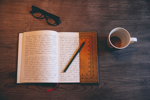 Vintage toned image of a open diary on a wooden desk. Coffee break for a couple of new lines. 