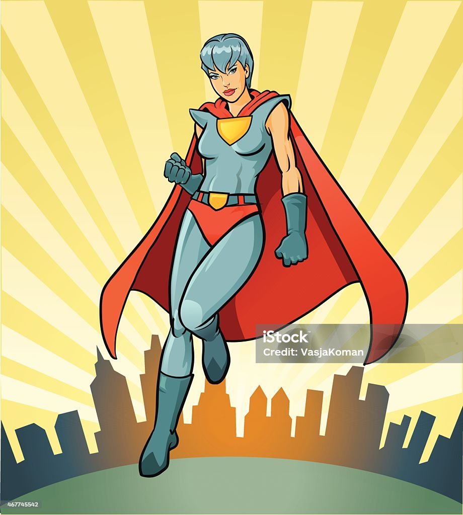 Super Hero - Heroine with Imagenary City Skyline All images are placed on separate layers. They can be removed or altered if you need to. Some gradients were used. No transparencies.  Superhero stock vector