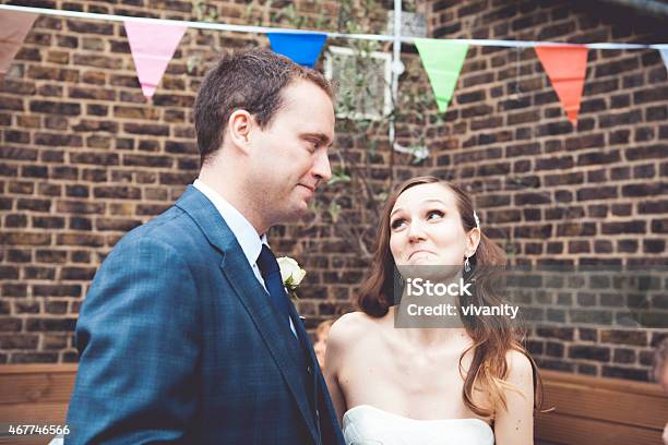 Bride And Groom On A Terrace Stock Photo - Download Image Now - 2015, Adult, Adults Only