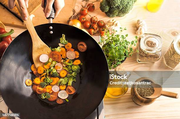 Chef Cooking Vegetables In Wok Pan Stock Photo - Download Image Now - Wok, Preparing Food, Cooking