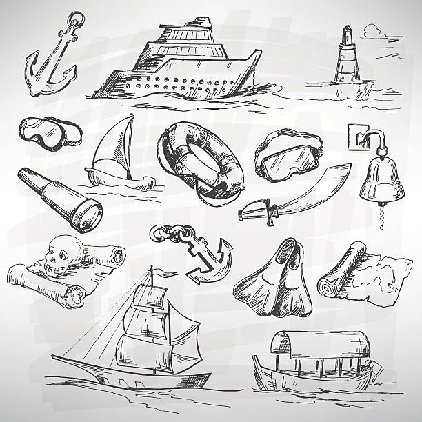 Montage set of sea and pirate images Sea icon set. Sketch converted to vectors. sail boat clipart pictures stock illustrations