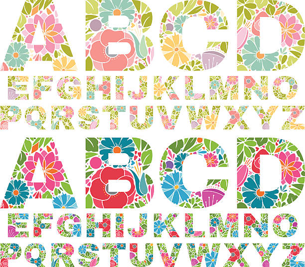 ретро цветочный алфавит прописные - pencil drawing alphabet capital letter text stock illustrations