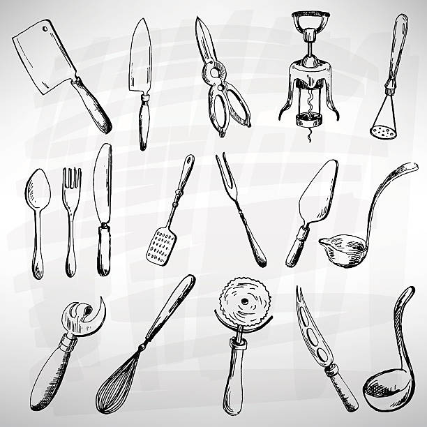 illustrations, cliparts, dessins animés et icônes de ensemble de couverts - flatware silverware in a row eating utensil