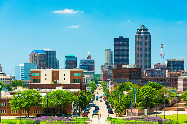 Des Moines skyline view Des Moines skyline view with Downtown Des Moines, elevated view. iowa stock pictures, royalty-free photos & images