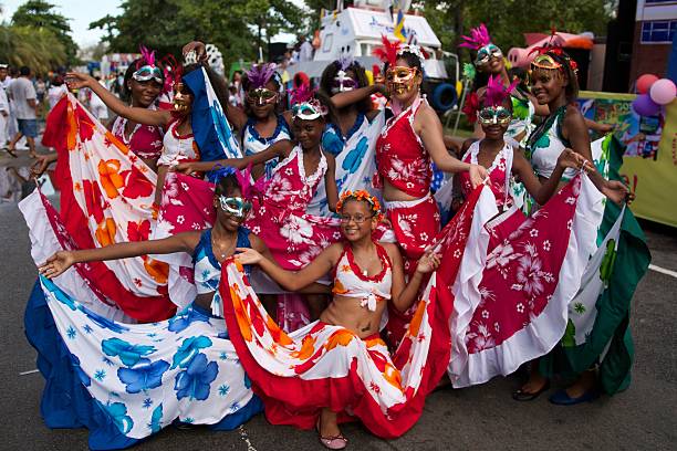 Creole procession at the Carnaval International de Victoria in Seychelles stock photo