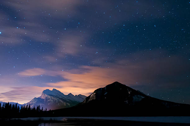 Winter at night, Banff National Park Night scenery Mount Rundle and Vermillion Lakes Banff National Park Alberta Canada canadian rockies stock pictures, royalty-free photos & images