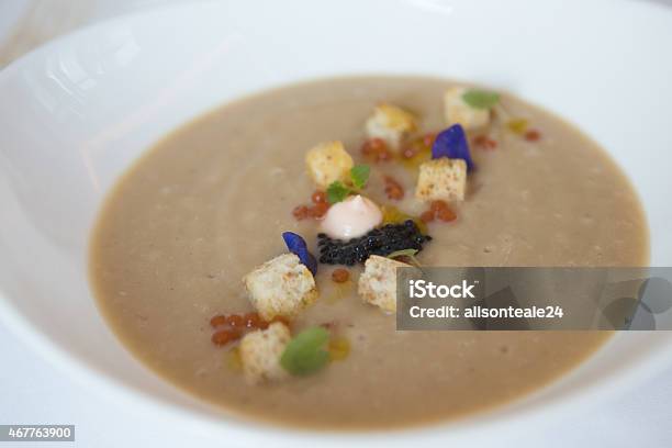 Caramelized Cauliflower Soup Smoked Salmon Mousse Ossetra And Tomato Caviar Stock Photo - Download Image Now