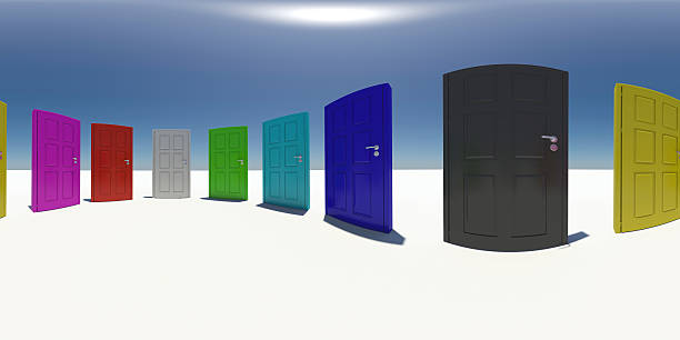 istock Spherical panorama of colorful doors. Blue sky as background 467764320