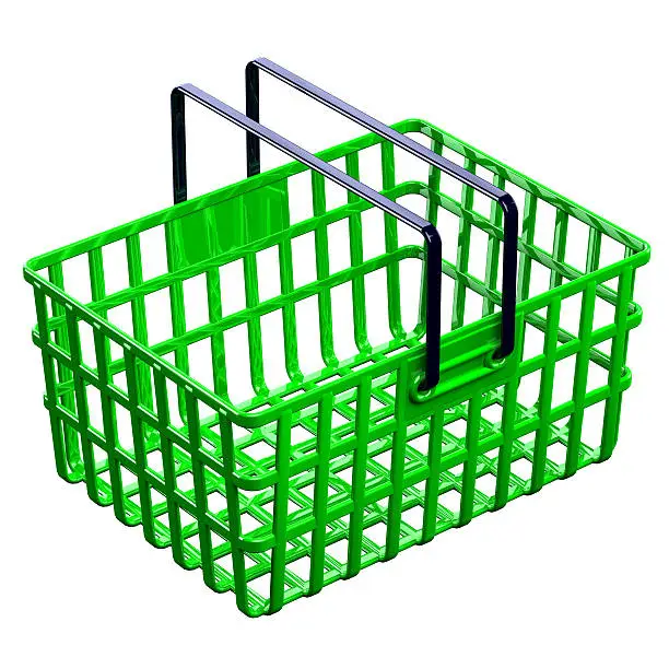 Green shopping basket isolated on white background. 3D render.