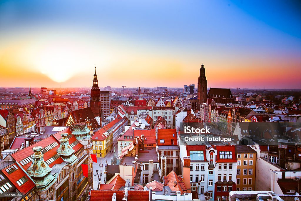 Wroclaw city sunset Panoramic view of Wroclaw Old Town, Popular travel destination squares. Landmarks historical medieval buildings and churches. Poland Stock Photo