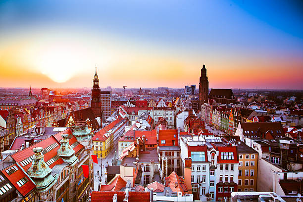 Wroclaw city sunset Panoramic view of Wroclaw Old Town, Popular travel destination squares. Landmarks historical medieval buildings and churches. krakow stock pictures, royalty-free photos & images
