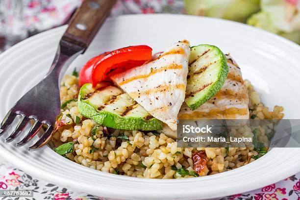 Bulgur With Vegetables And Grilled Chicken Healthy Diet Summer Stock Photo - Download Image Now